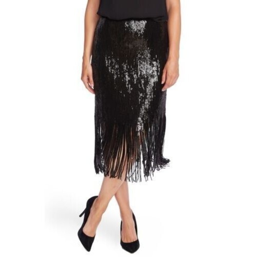 Designer Vince Camuto Black Sequin Midi Length Fringe Fully Lined Evening Skirt - Picture 11 of 11